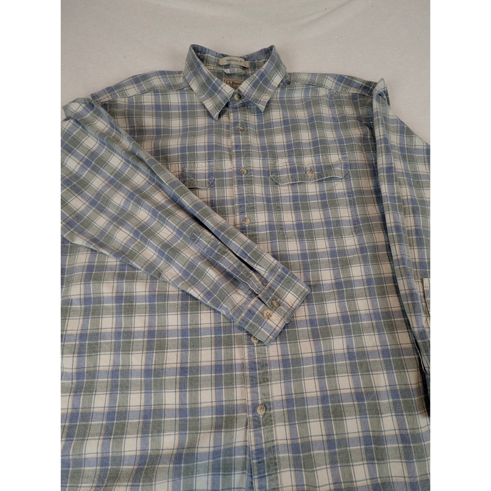 LL Bean Mens XL Brushed Scotch Traditional Plaid Button Down Shirt Blue Green - Picture 2 of 12